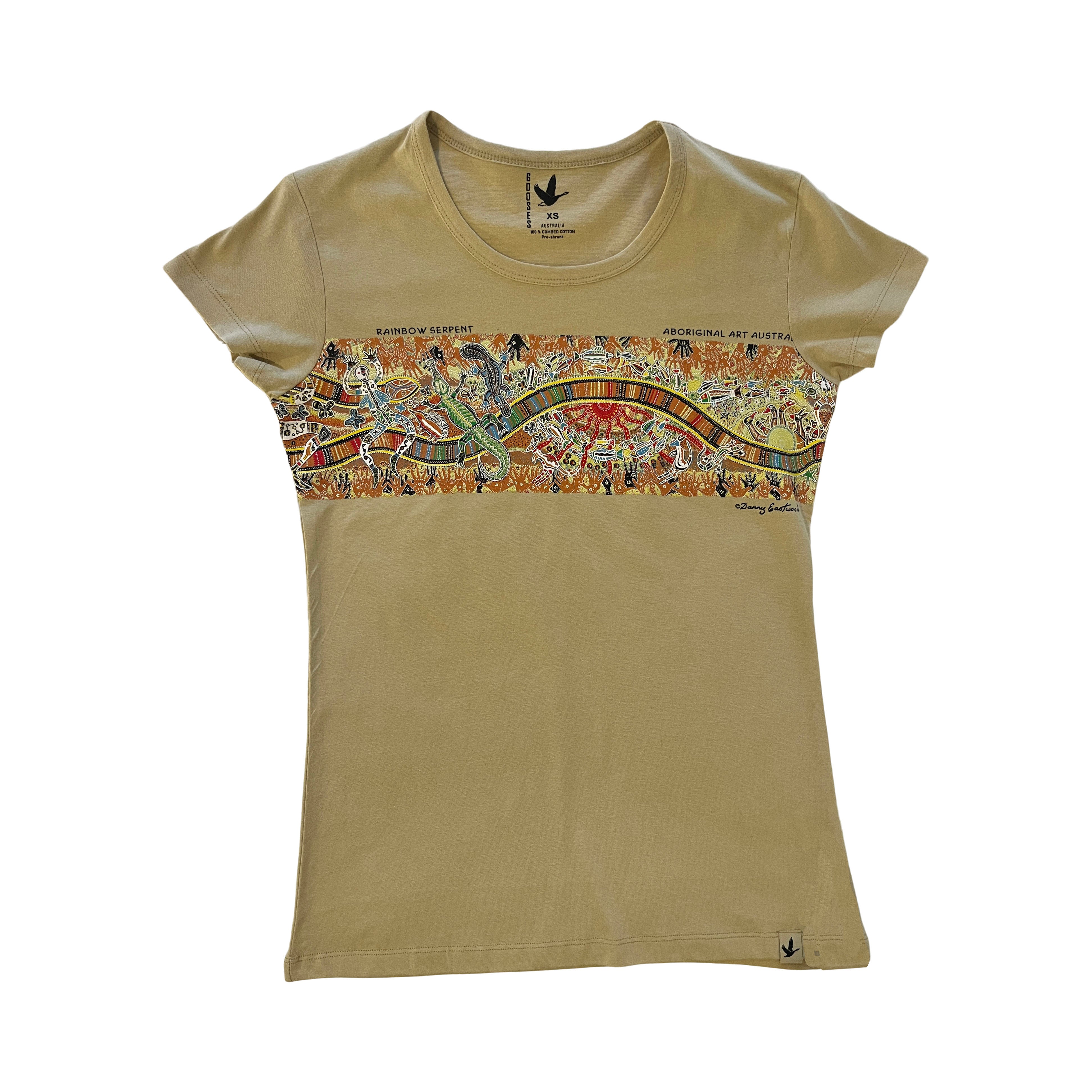 Rainbow Serpent Aboriginal Design T-Shirt - Khaki