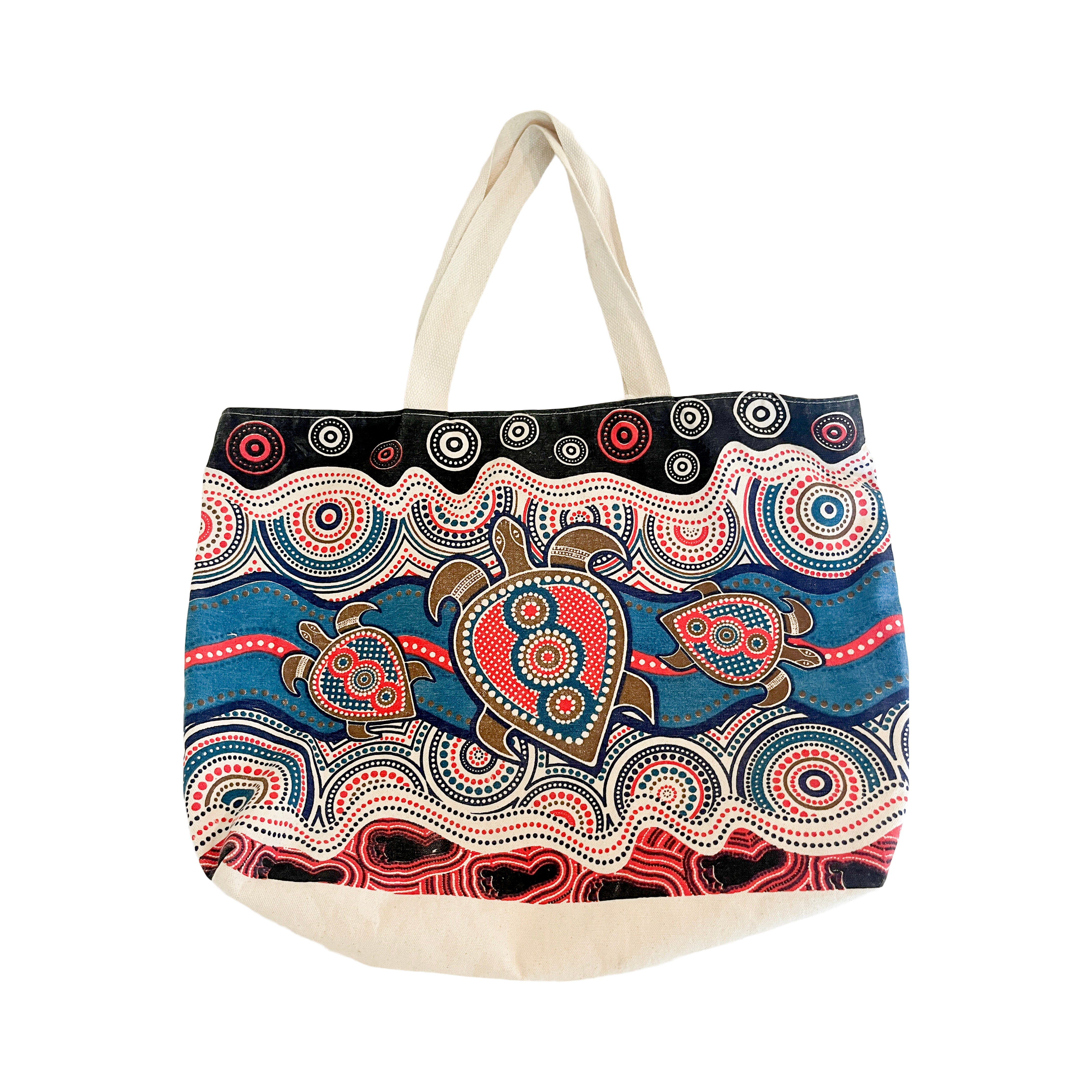 Sea Turtles Aboriginal Art Tote Bag in Blue & Red