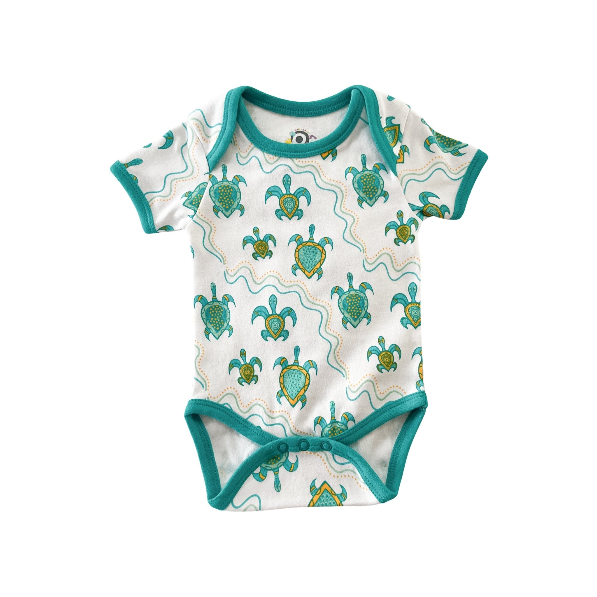Green Turtle Baby Aboriginal Design Short Sleeve Bodysuit