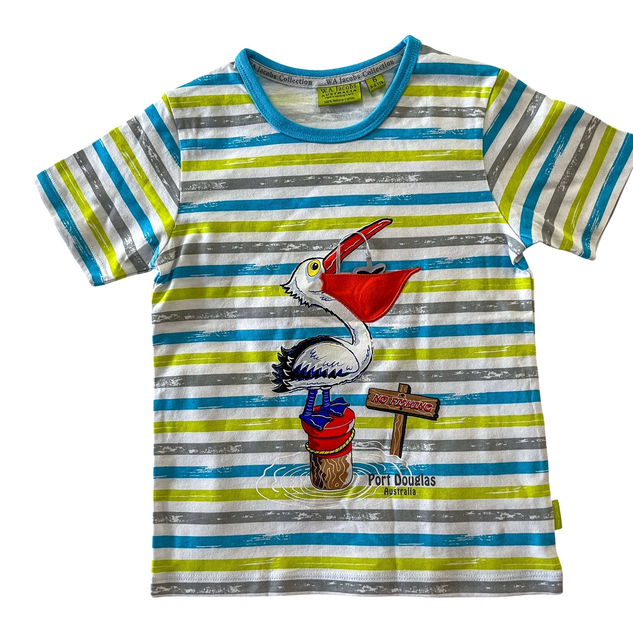 Pelican Port Douglas Souvenir Print T-Shirt -Blue, Lime & White Stripes