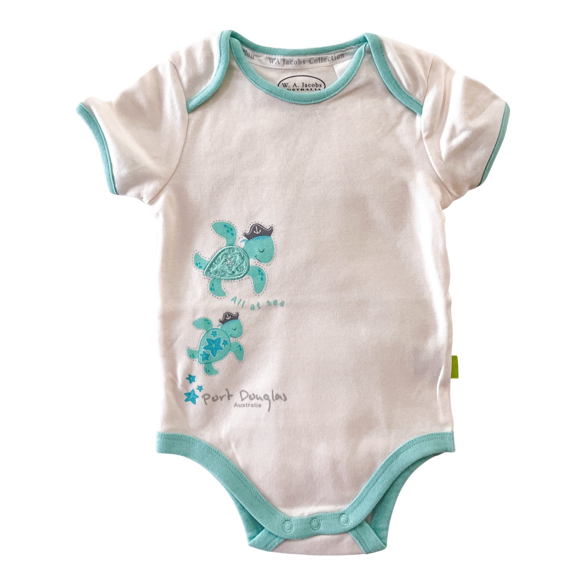 Turtle Port Douglas Baby Short Sleeve Bodysuit - White With Green Trim