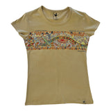 Women's extra small khaki 100% cotton t-shirt, with colorful Rainbow Serpent Aboriginal design by Danny Eastwood.