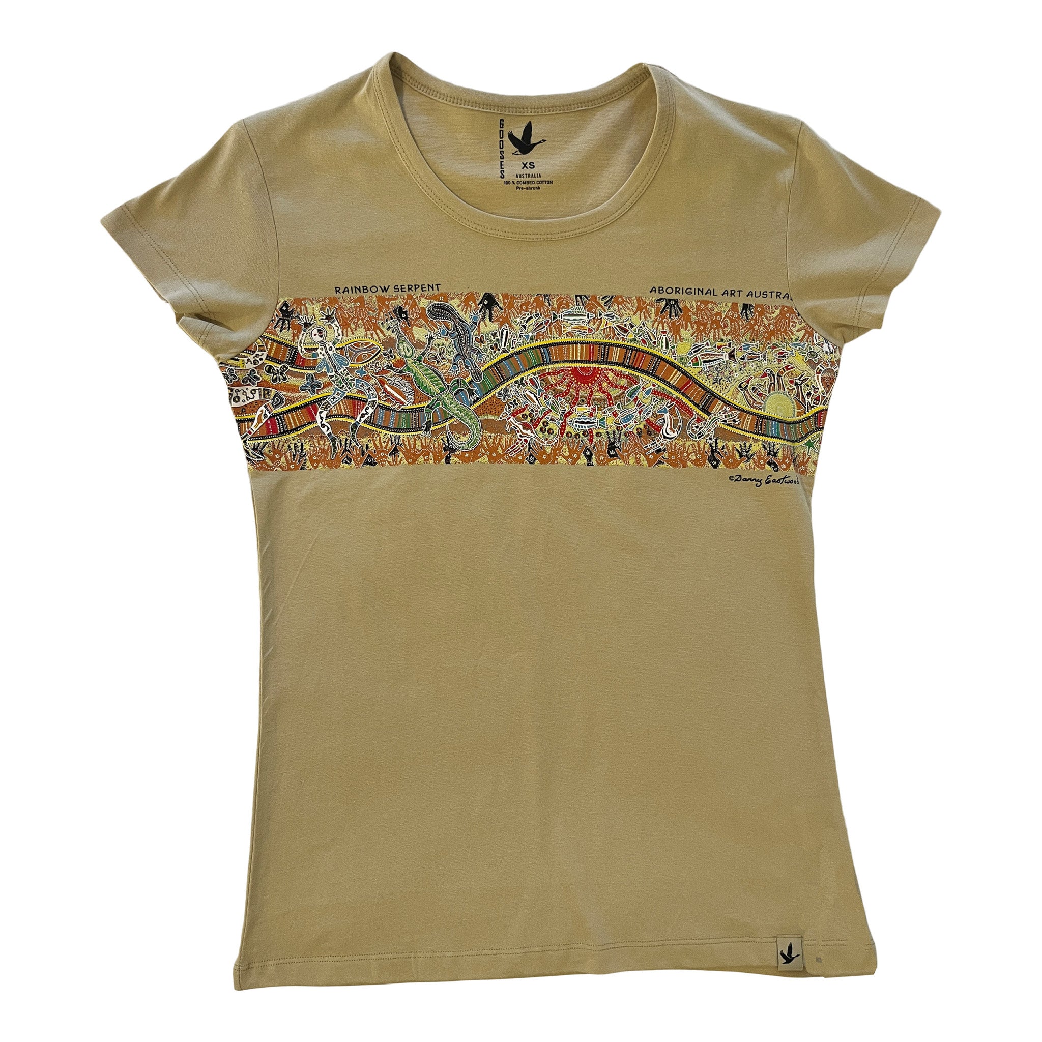 Women's extra small khaki 100% cotton t-shirt, with colorful Rainbow Serpent Aboriginal design by Danny Eastwood.