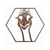 Decorative timber wall art with an emu face in a hexagonal cut out frame on a white background