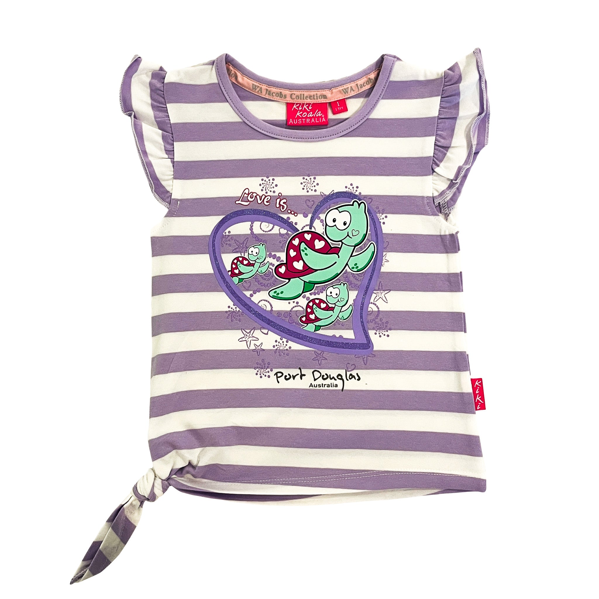 Purple & white striped girls t-shirt with a turtle design and 'Port Douglas' branding on a white background