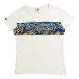 White womens t-shirt with a colorful Aboriginal fish and coral design on a white background