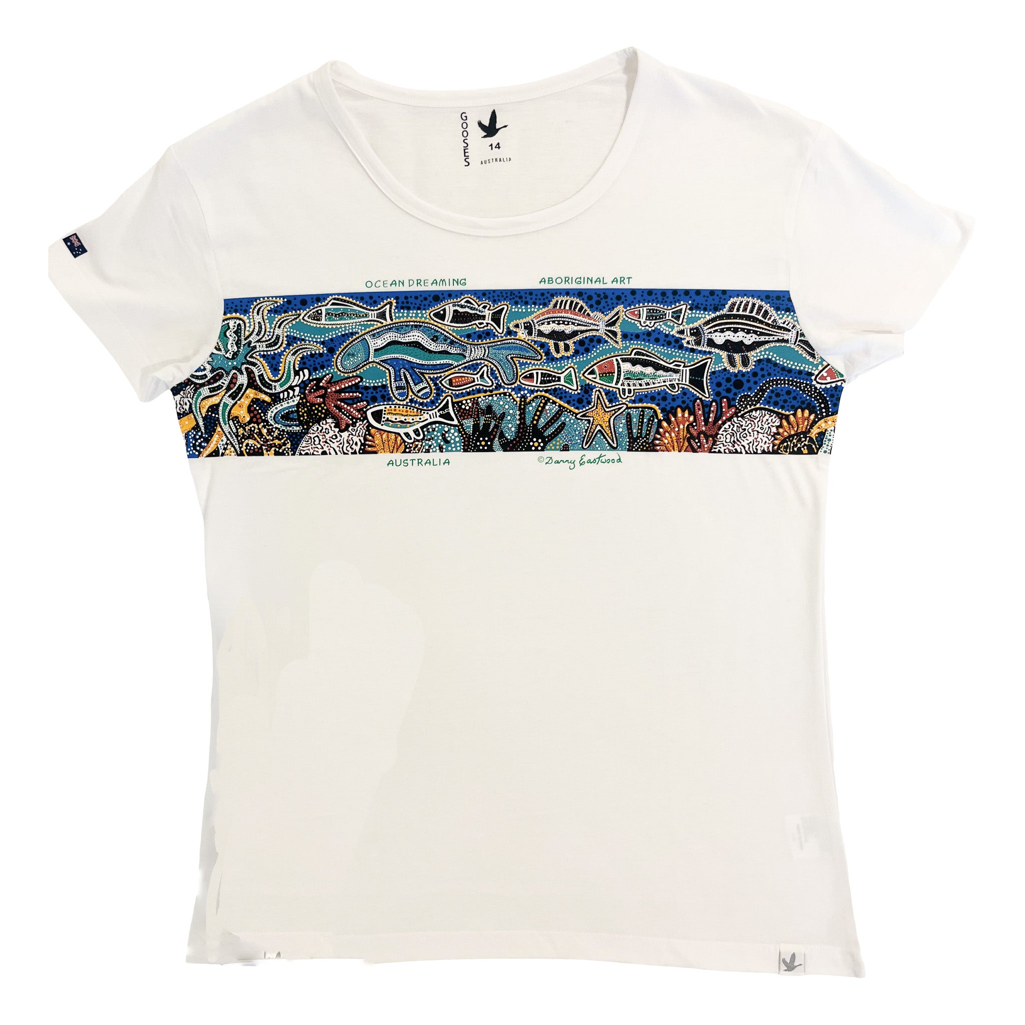 White womens t-shirt with a colorful Aboriginal fish and coral design on a white background