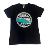 Black t-shirt with a graphic of a kombi van and text 'Port Douglas Australia' on a white background