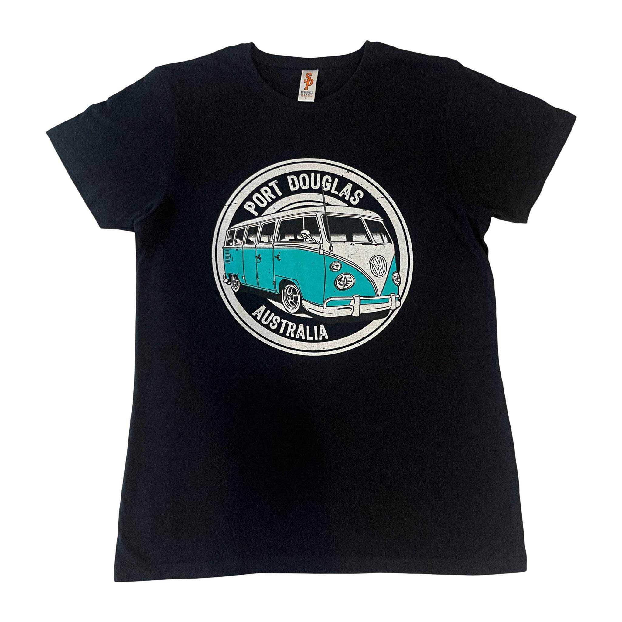 Black t-shirt with a graphic of a kombi van and text 'Port Douglas Australia' on a white background
