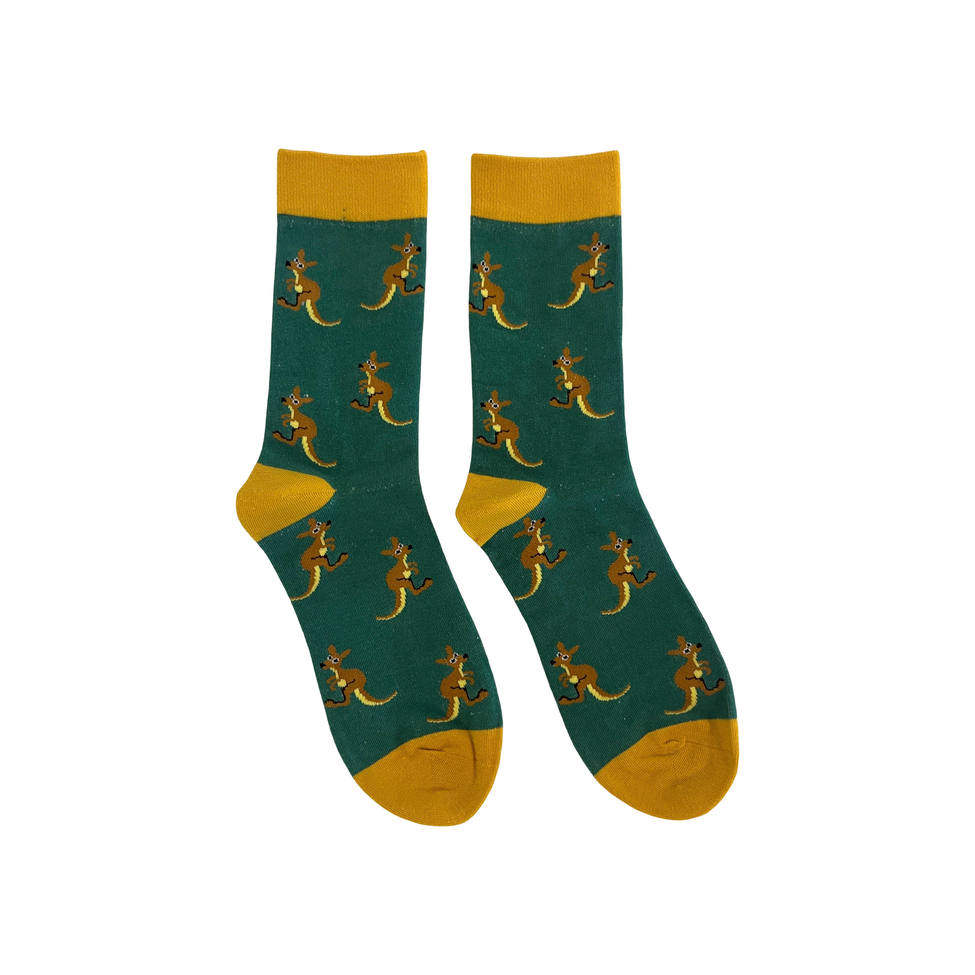 Green Kangaroo Socks With Mustard Trim