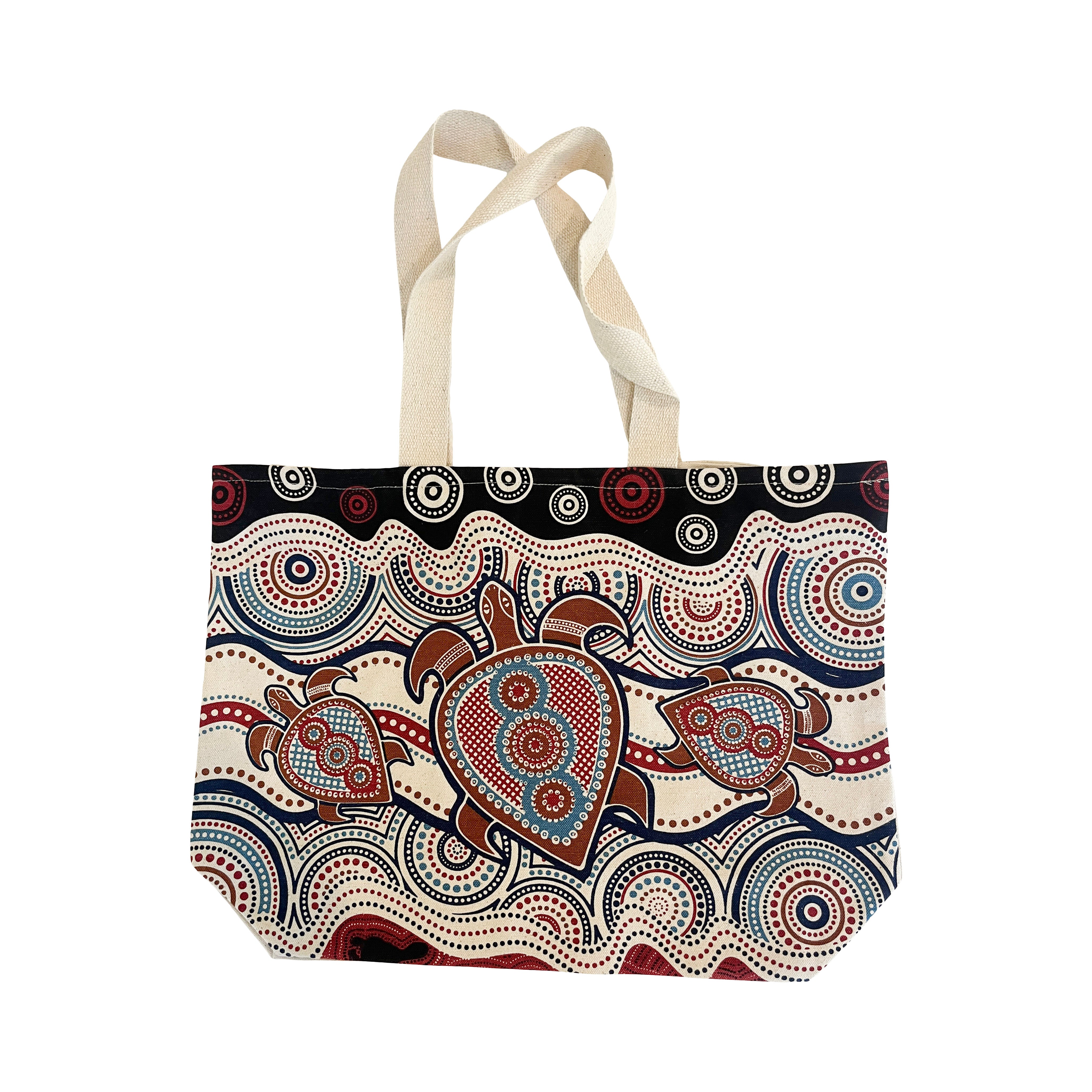 Sea Turtles Aboriginal Art Tote Bag in Blue, Dark Red & Brown