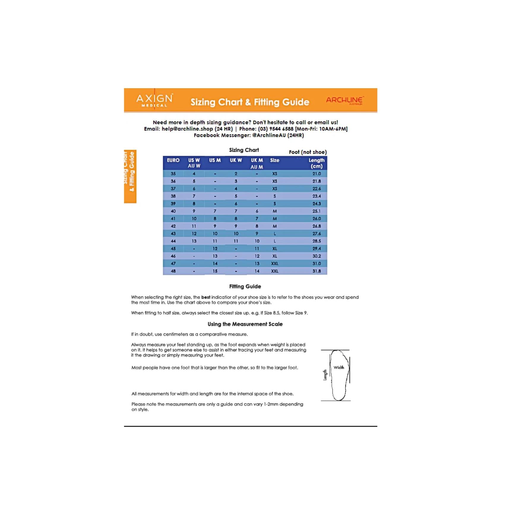 Arch Support Rebound Orthotic Slides - White Size Chart