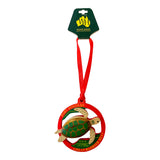 Wooden green sea turtle ornament. Red circular frame with 'Port Douglas Seas & Greetings Great Barrier Reef' text, red ribbon.