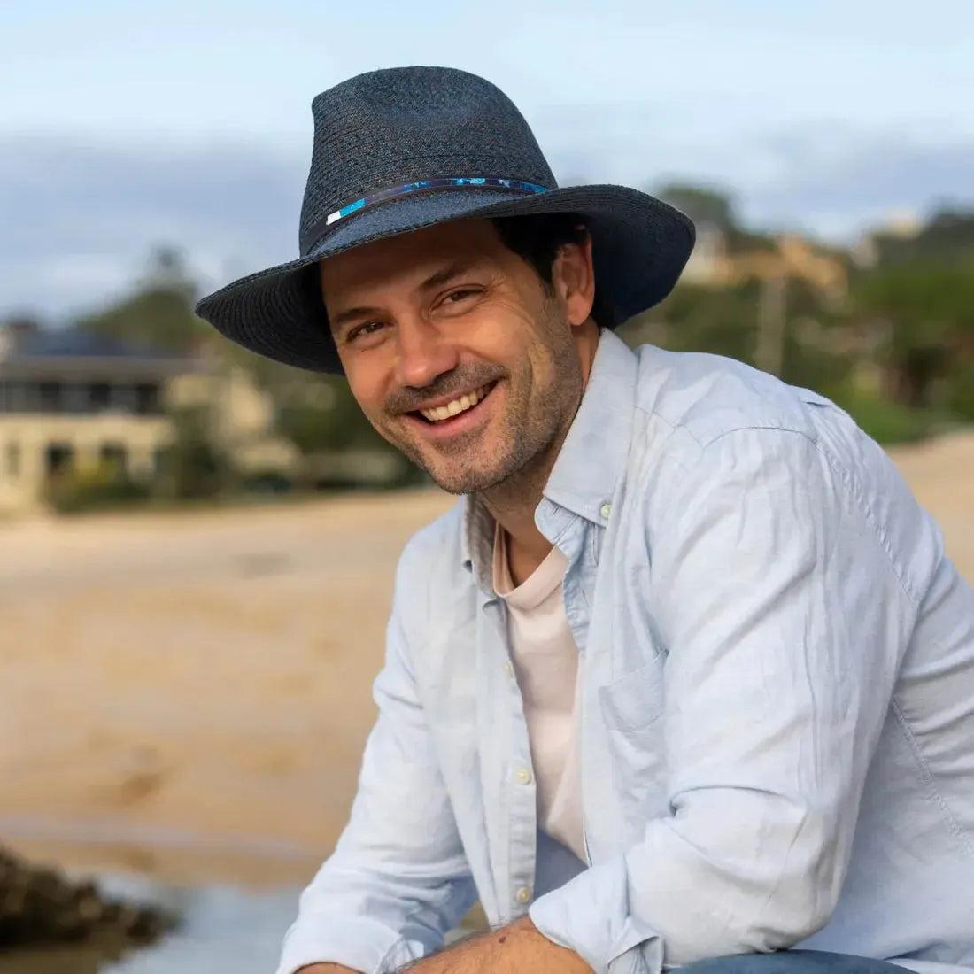 Balmoral Rescue Raffia Fedora Mens Hat in Mixed Navy - Worn By Creator Lifestyle Pic