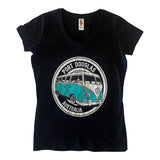 Black V-Neck Womens T-Shirt With Port Douglas Australia and White/Green Kombi Van In A Circle