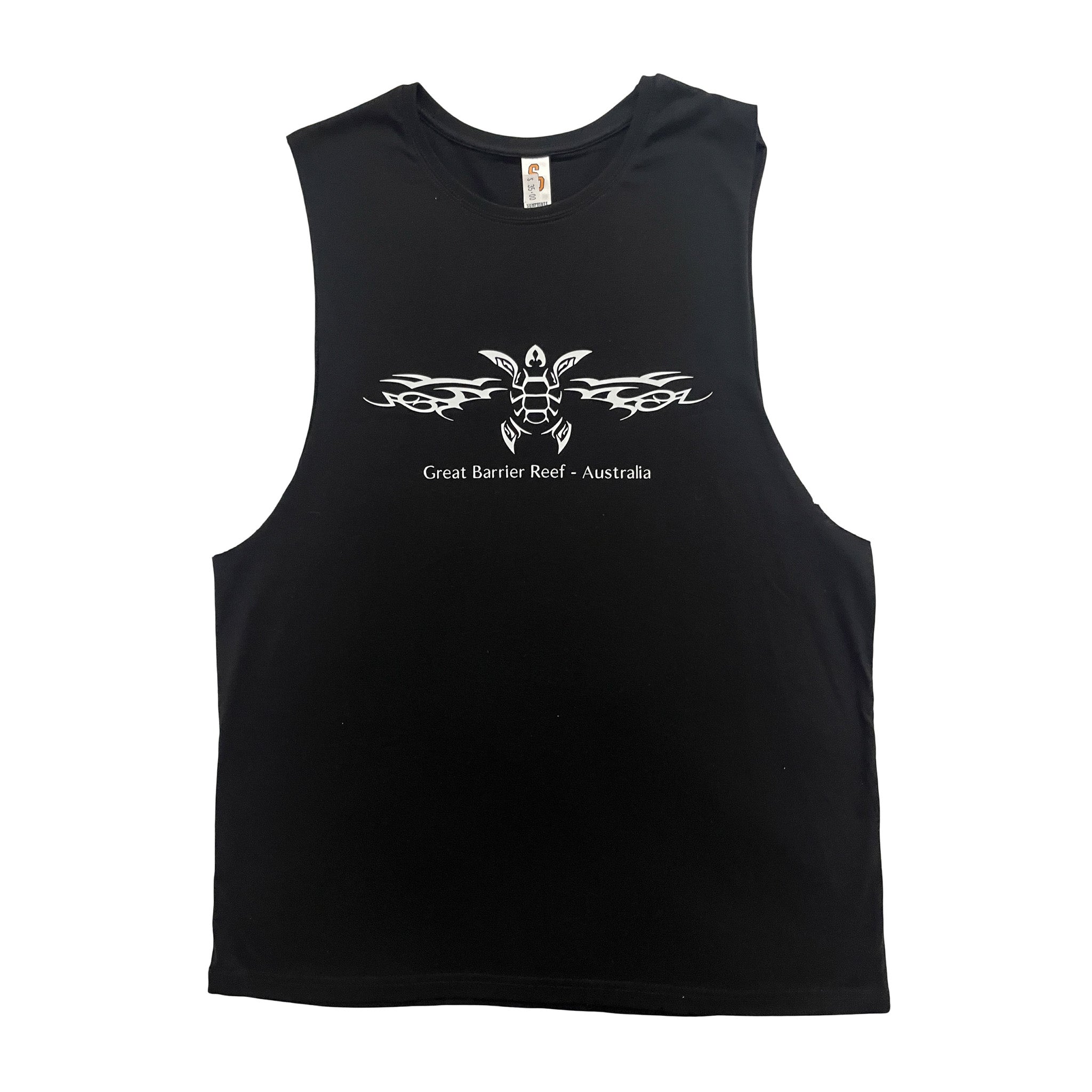 Black men’s muscle shirt with white turtle tattoo design Great Barrier Reef Australia on a white background