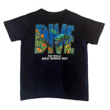 Black men’s t-shirt with Dive Port Douglas Great Barrier Reef underwater design on back