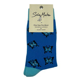 Ladies Patterned Blue Crew Socks with Blue Butterflies