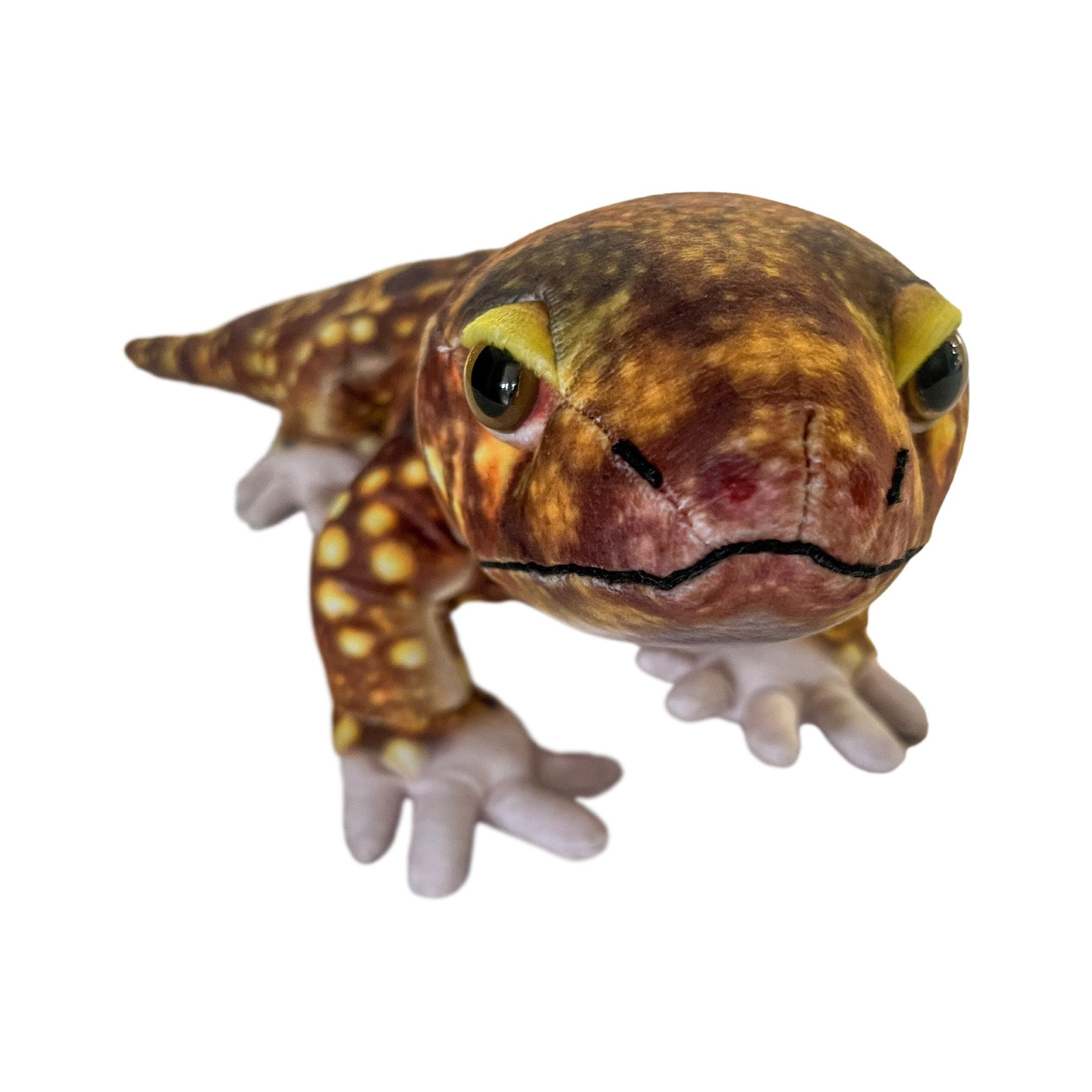 Plush toy gecko on a white background