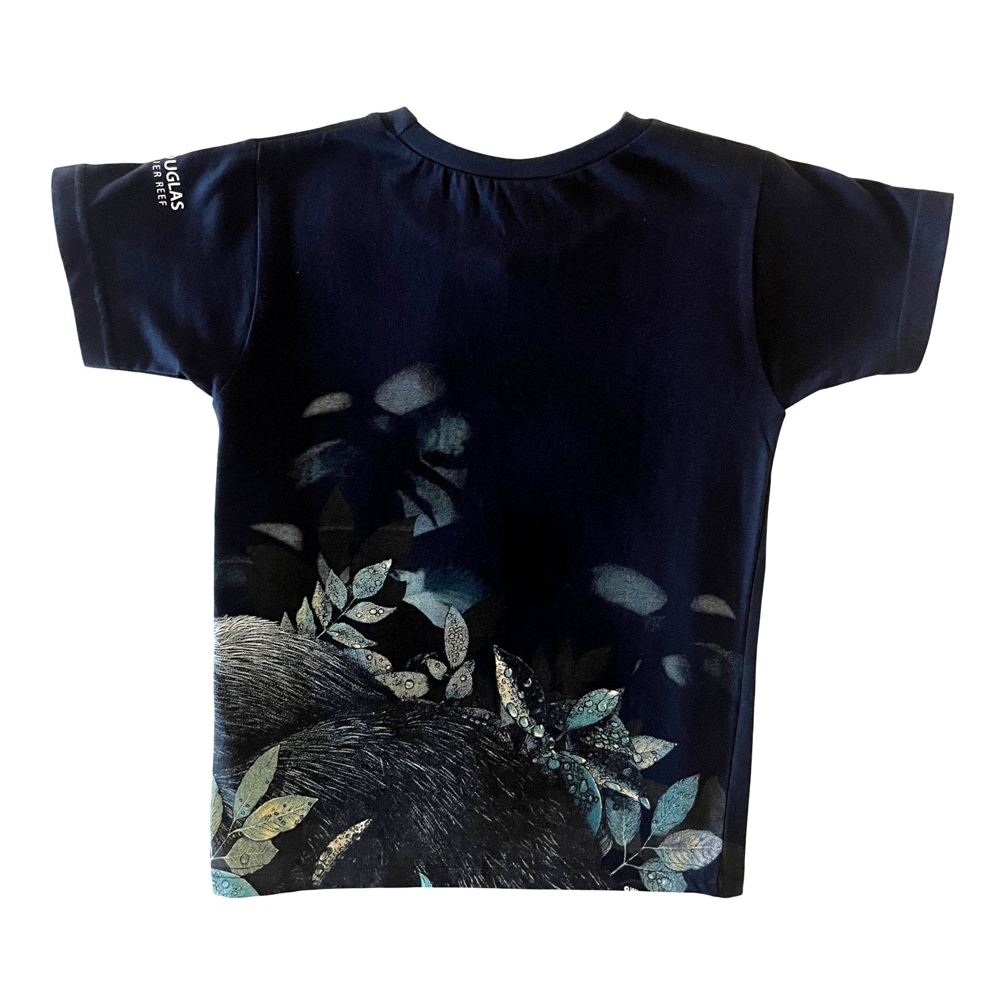 Navy boys 100% cotton Port Douglas t-shirt, back view, with a detailed wrap-around cassowary and wet foliage design.