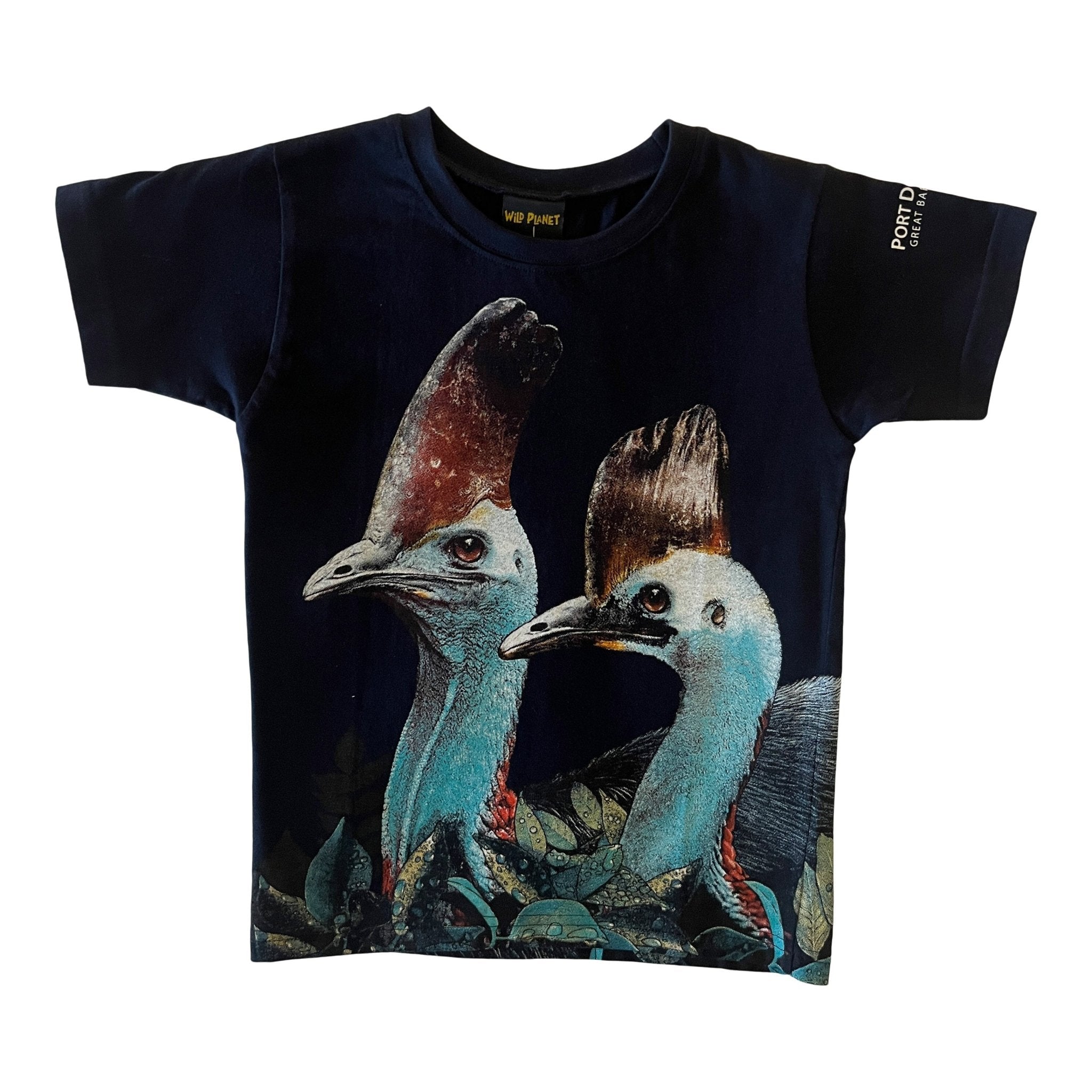 Navy boys' 100% cotton t-shirt with a vibrant graphic of two blue and red cassowaries. Port Douglas souvenir tee.
