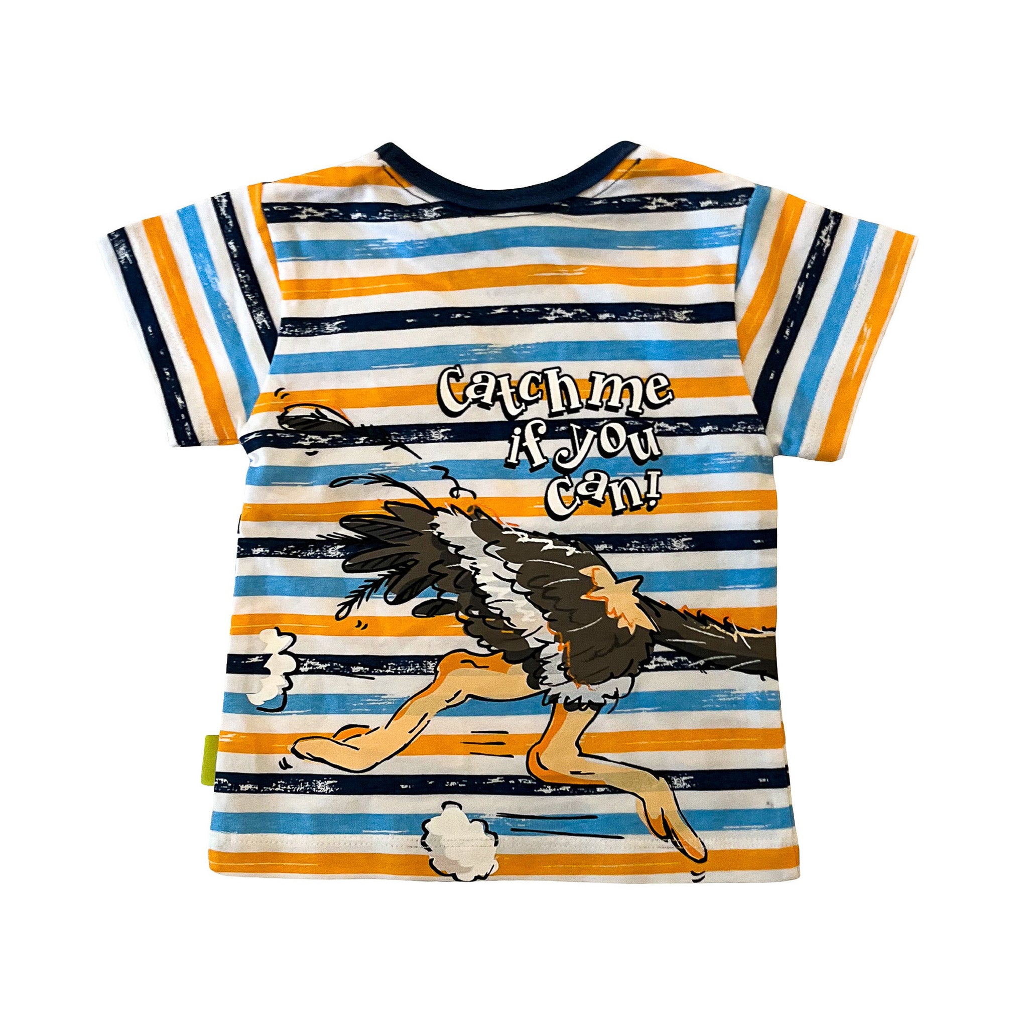 Boys' striped 100% cotton t-shirt with running emu and 'Catch me if you can!' text on back. Orange, white, blue.