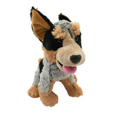 Cobber the small blue heeler soft plush toy, with mottled grey, black, and tan fur, perked ears, and a pink tongue.