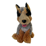 Cobber the small blue heeler soft plush toy, grey, tan, and black, sitting with a pink tongue.