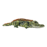 Soft green and yellow plush crocodile toy, 53cm long, with black scale patterns and orange ridged back.