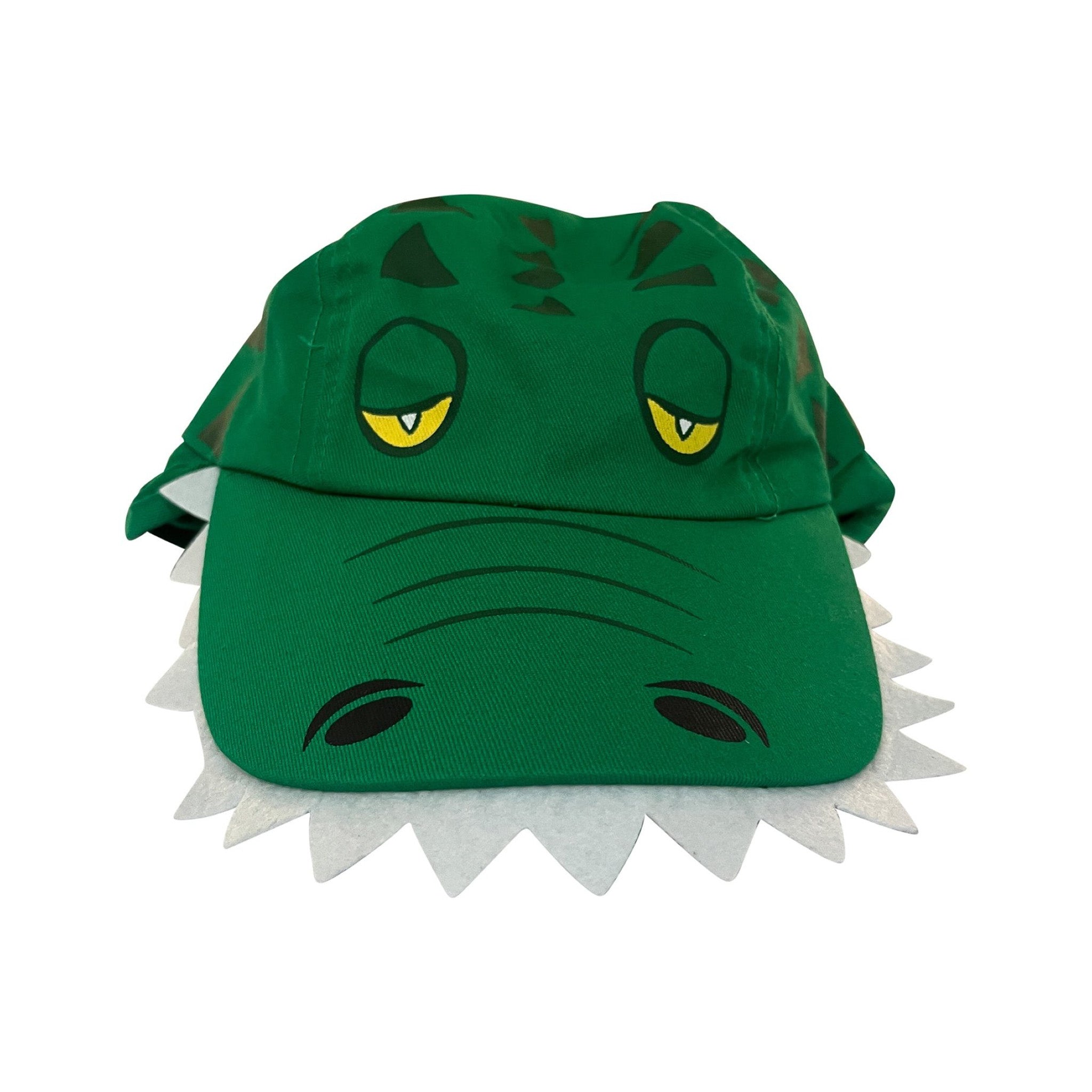 Green crocodile with yellow eyes and white teeth kids legionnaires hat on a white background