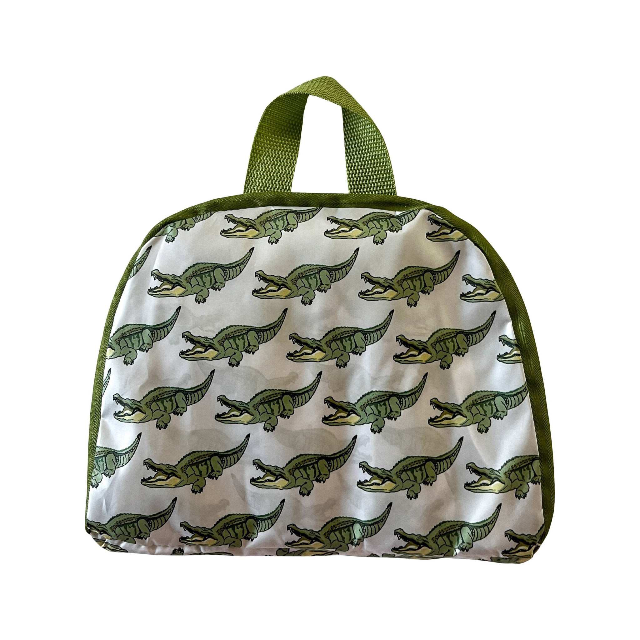 White polyester fold-up backpack pouch with green cartoon crocodile pattern and olive handle on a white background