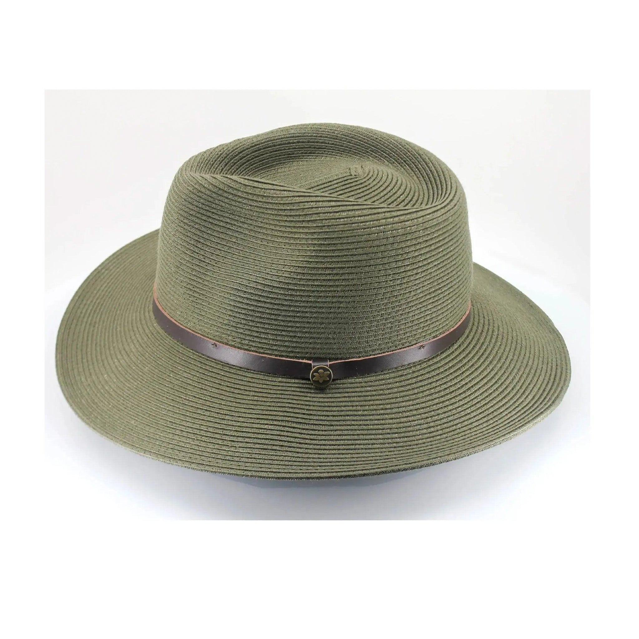 Green straw hat with a brown band on a white background