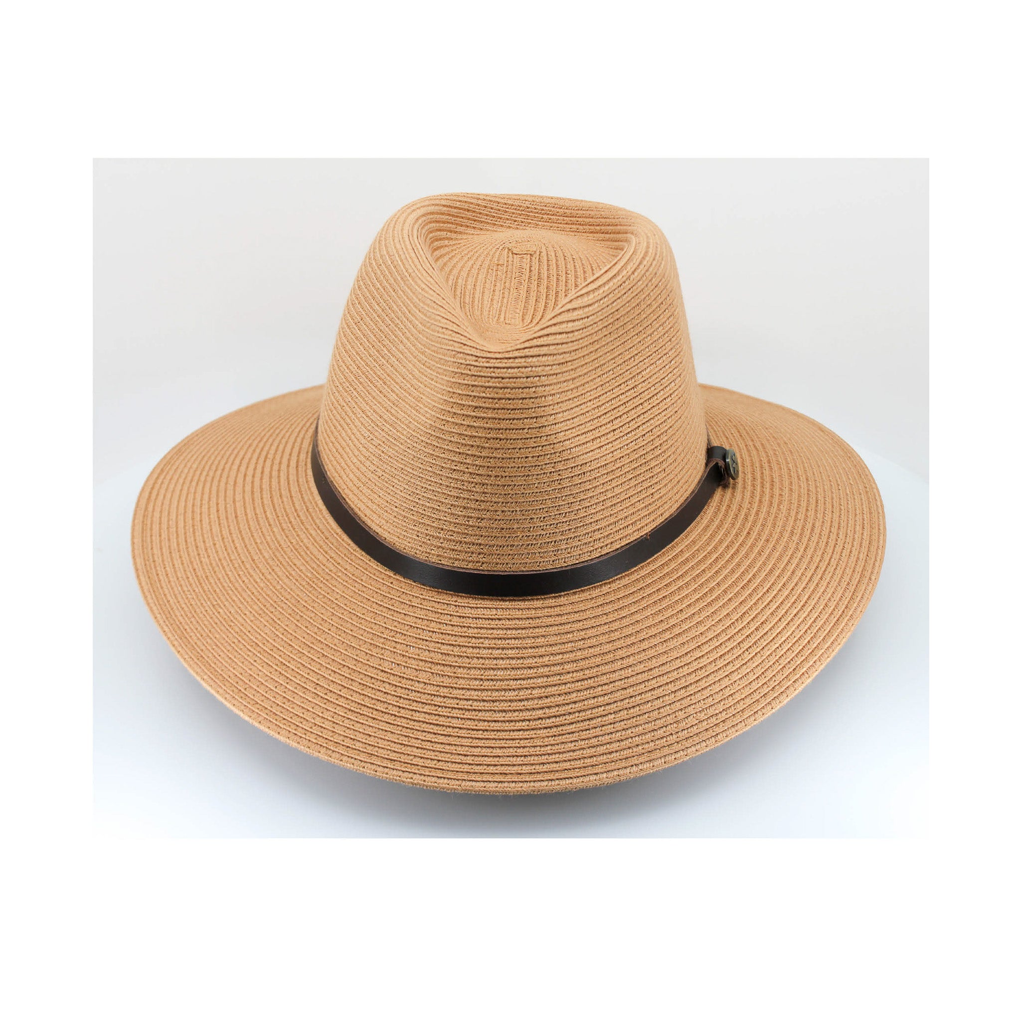 Beige straw hat with a black band on a white background