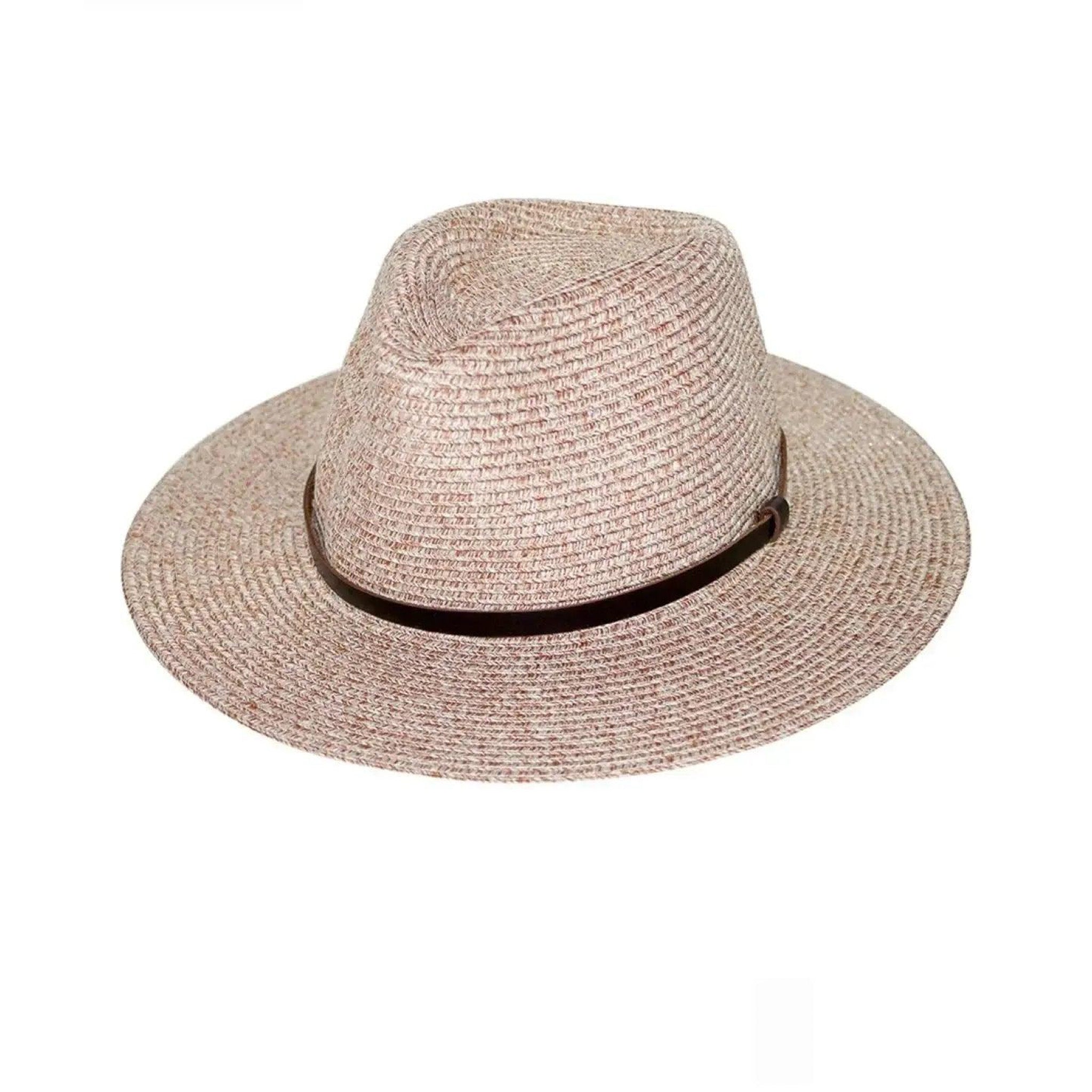 Beige straw hat with a black band on a white background