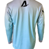 Light blue long-sleeve shirt with a logo on the back against a white background