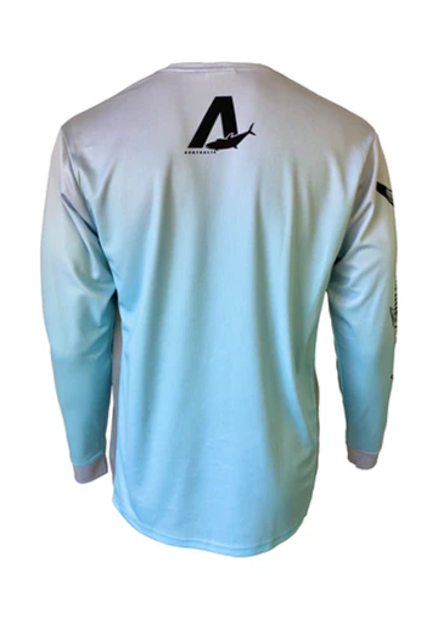 Light blue long-sleeve shirt with a logo on the back against a white background