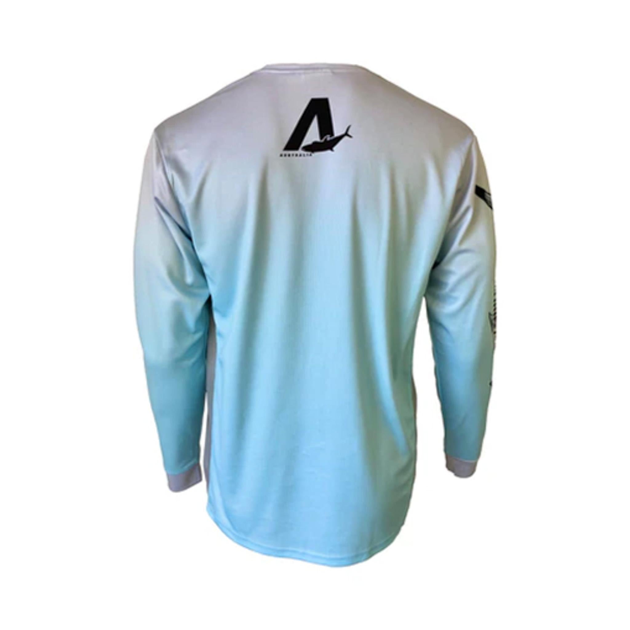 Light blue long-sleeve UPF50 sun shirt with vented side panels, back logo, and Spanish mackerel sleeve graphic.