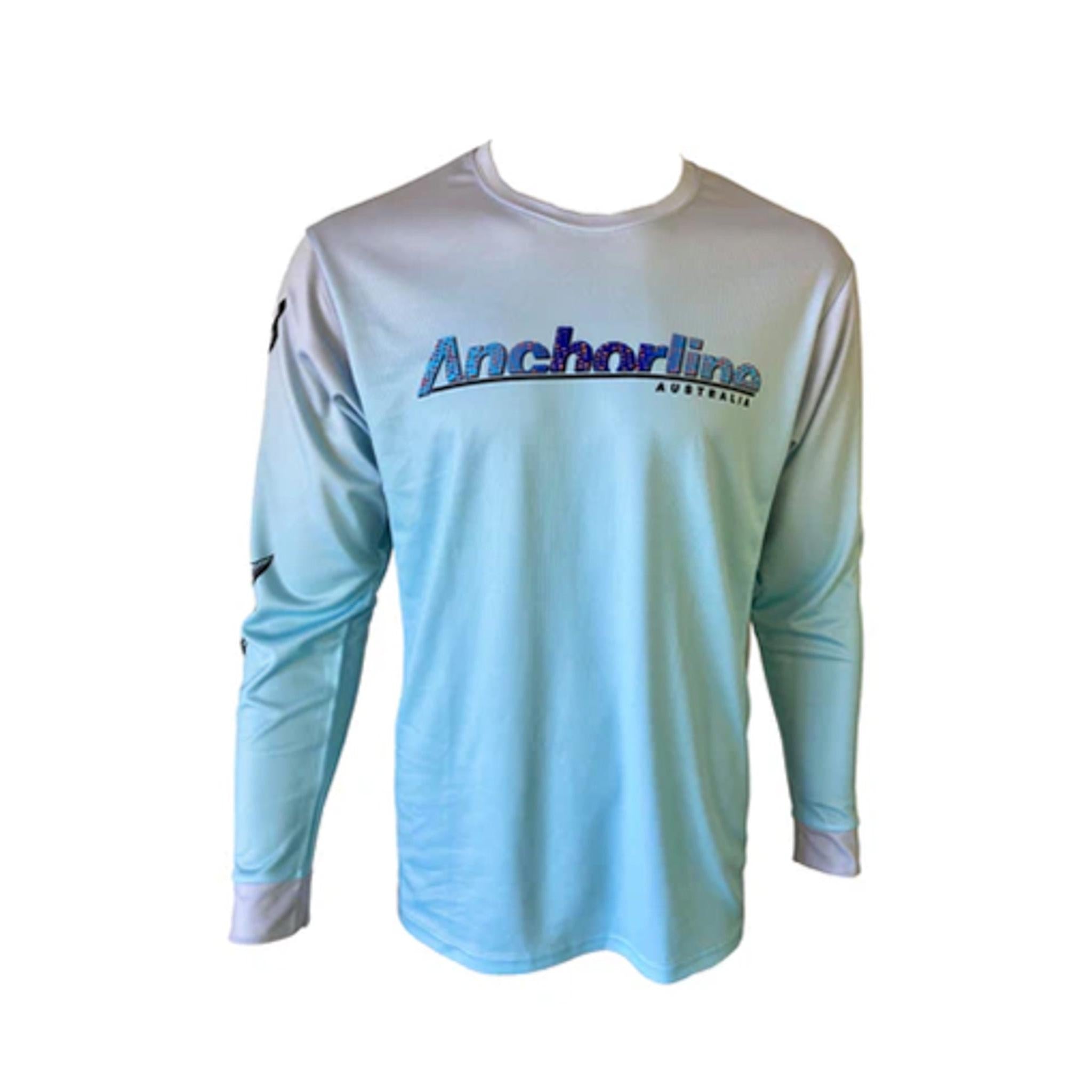 Light blue long-sleeve UPF50 fishing shirt with Anchorline logo, crew neck, and Spanish mackerel sleeve graphic.
