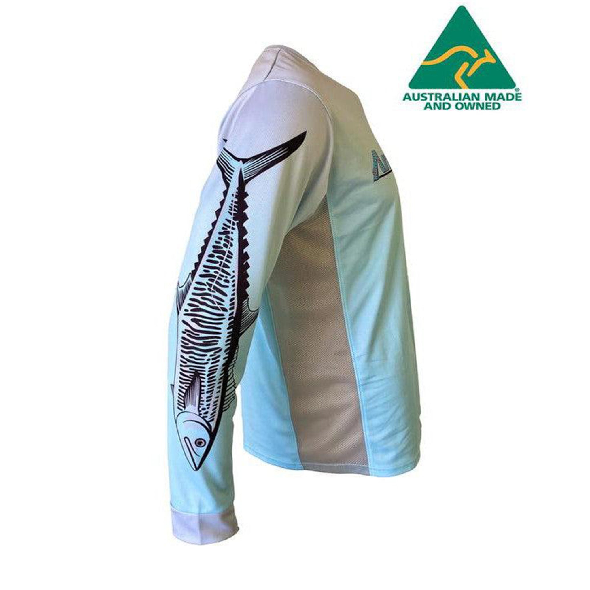 Light blue long-sleeve shirt with fish design on a white background, featuring 'Australian Made and Owned' logo.