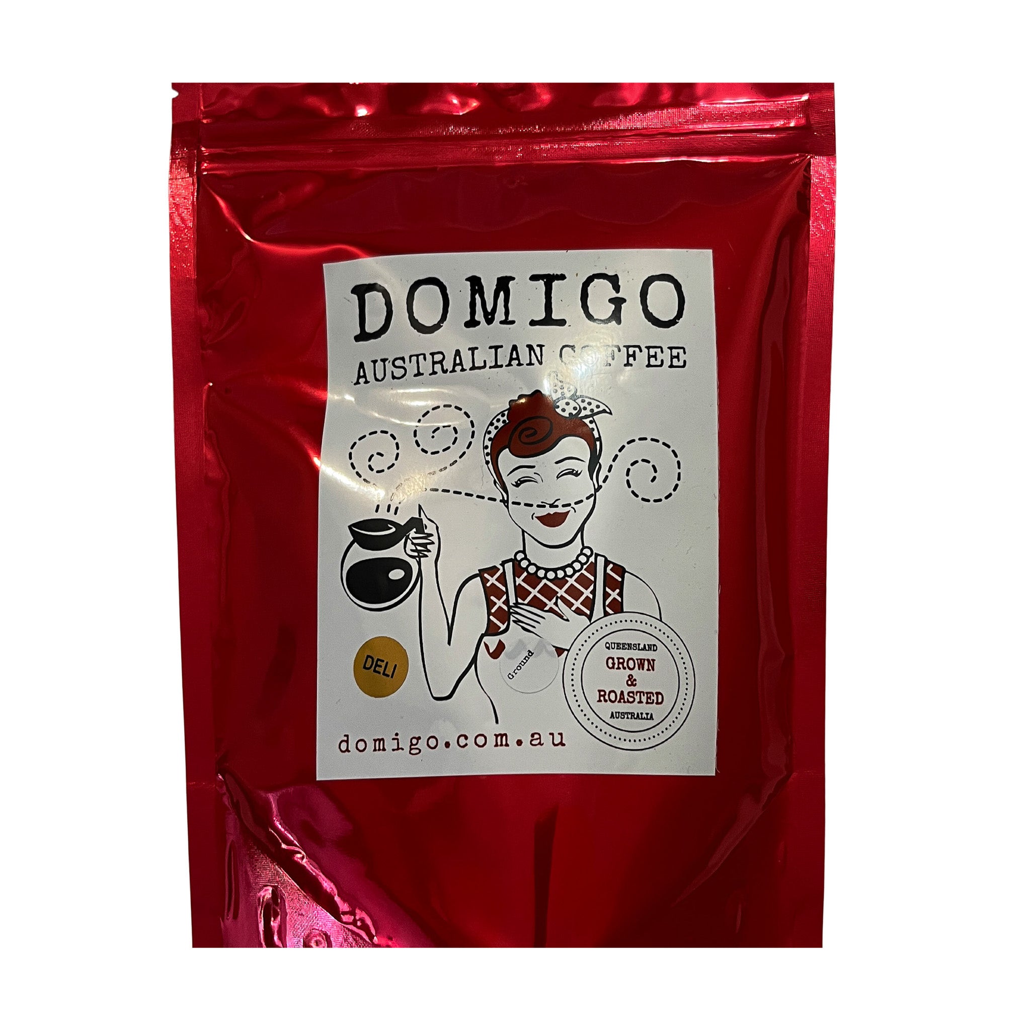 Red coffee package with a white label featuring 'DOMIGO Australian Coffee' on a white background