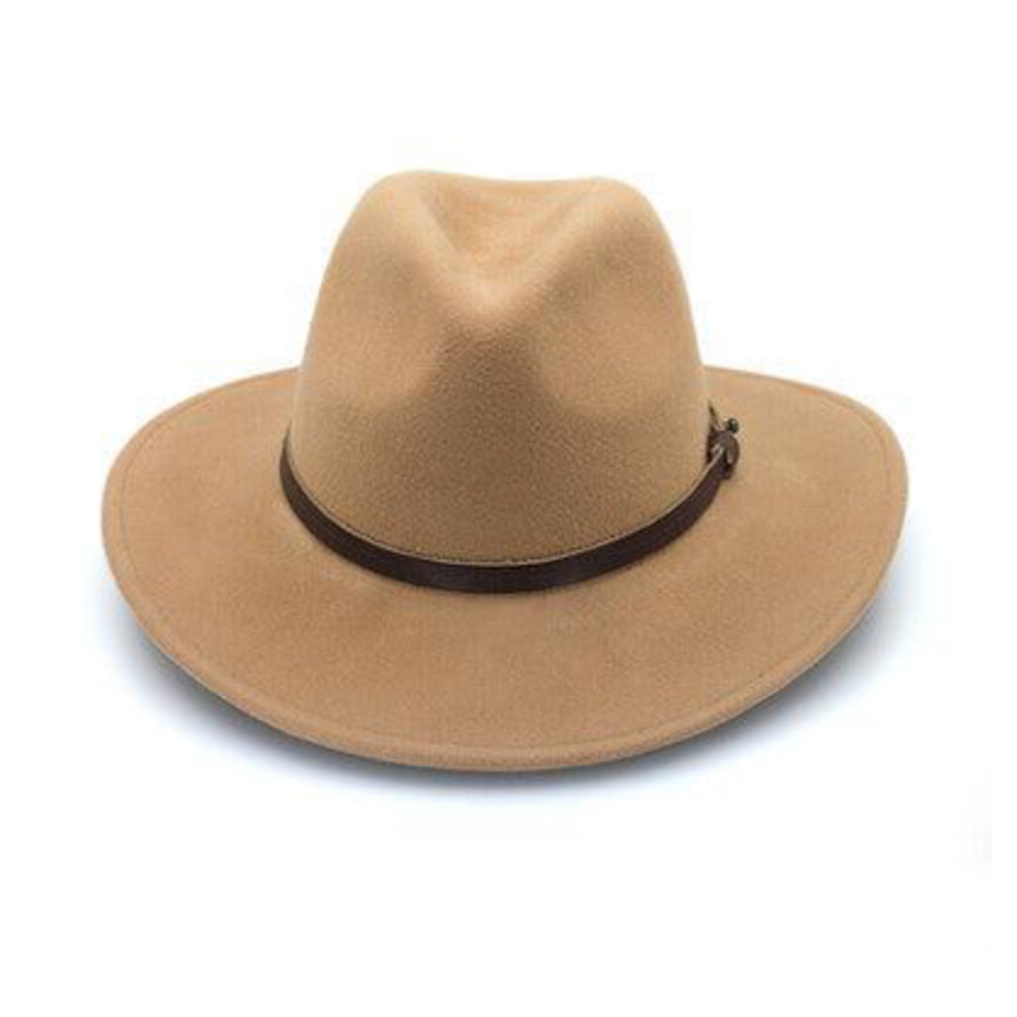 Tan fedora hat with a brown band on a white background