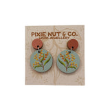 Golden Wattle Dangle Wood Earrings With Sterling Silver Stud Posts 