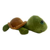 Snuggable green sea turtle plush toy, 48cm long, featuring a soft brown shell and large green eyes.