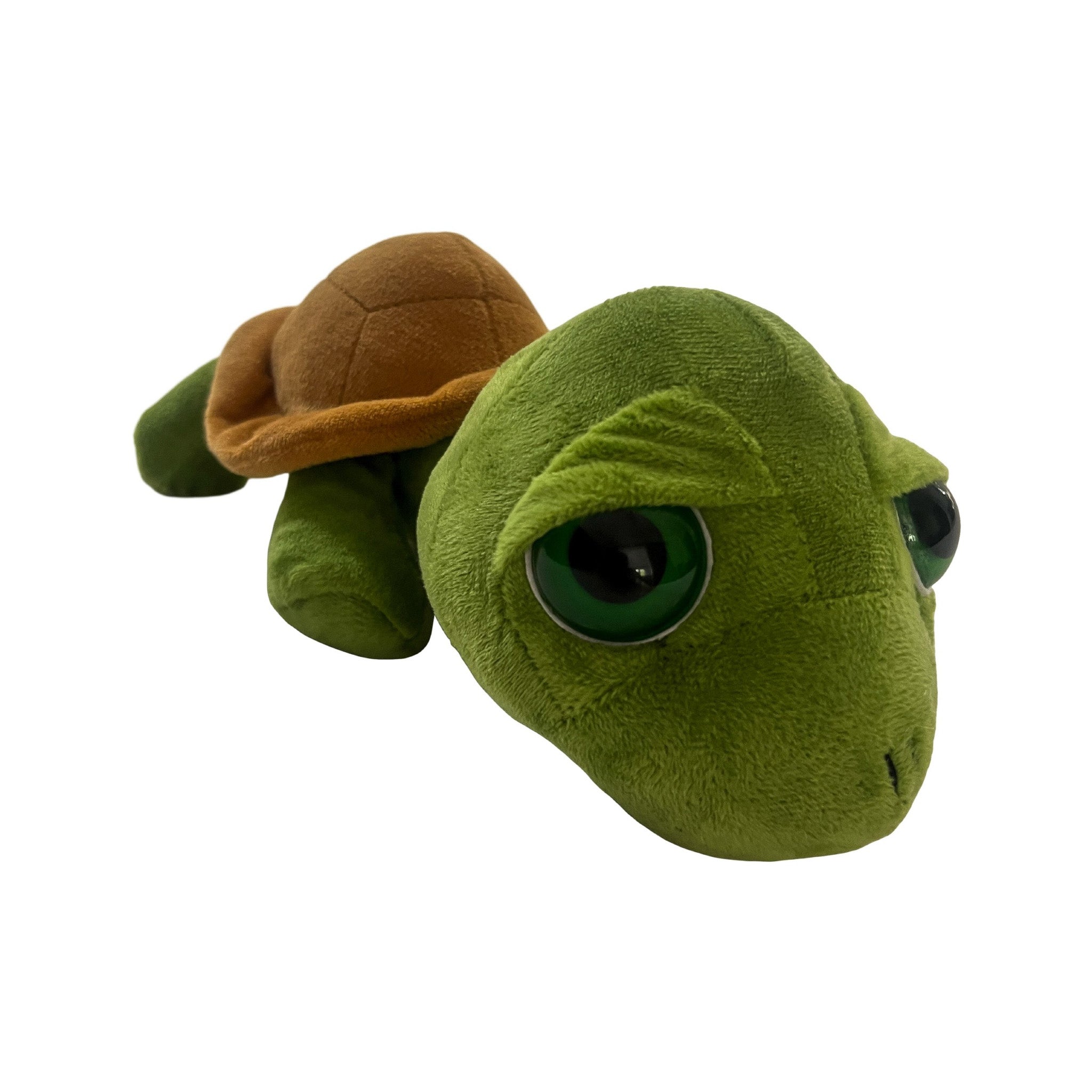 Green plush turtle toy with a brown shell on a white background
