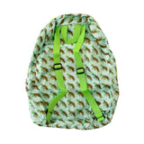 Foldable backpack with turtle pattern and green straps on a white background