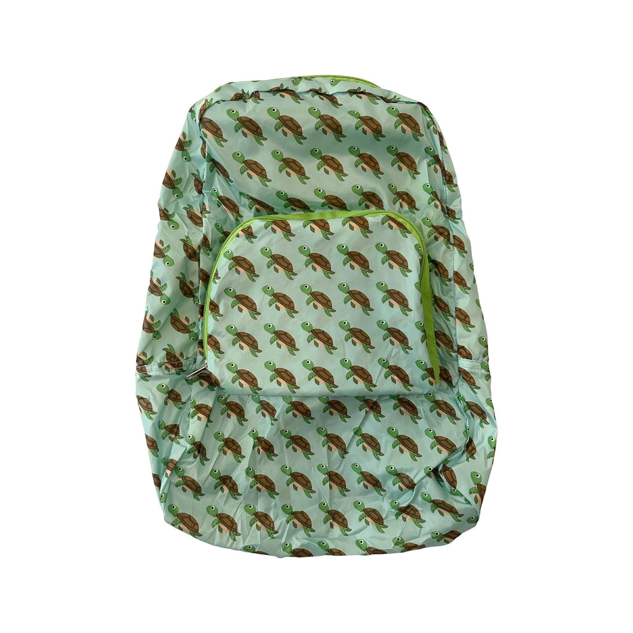 Foldable backpack with turtle pattern on a light green background