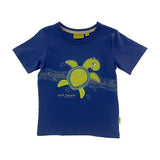 Blue kids t-shirt with a green turtle design and Port Douglas text on a white background