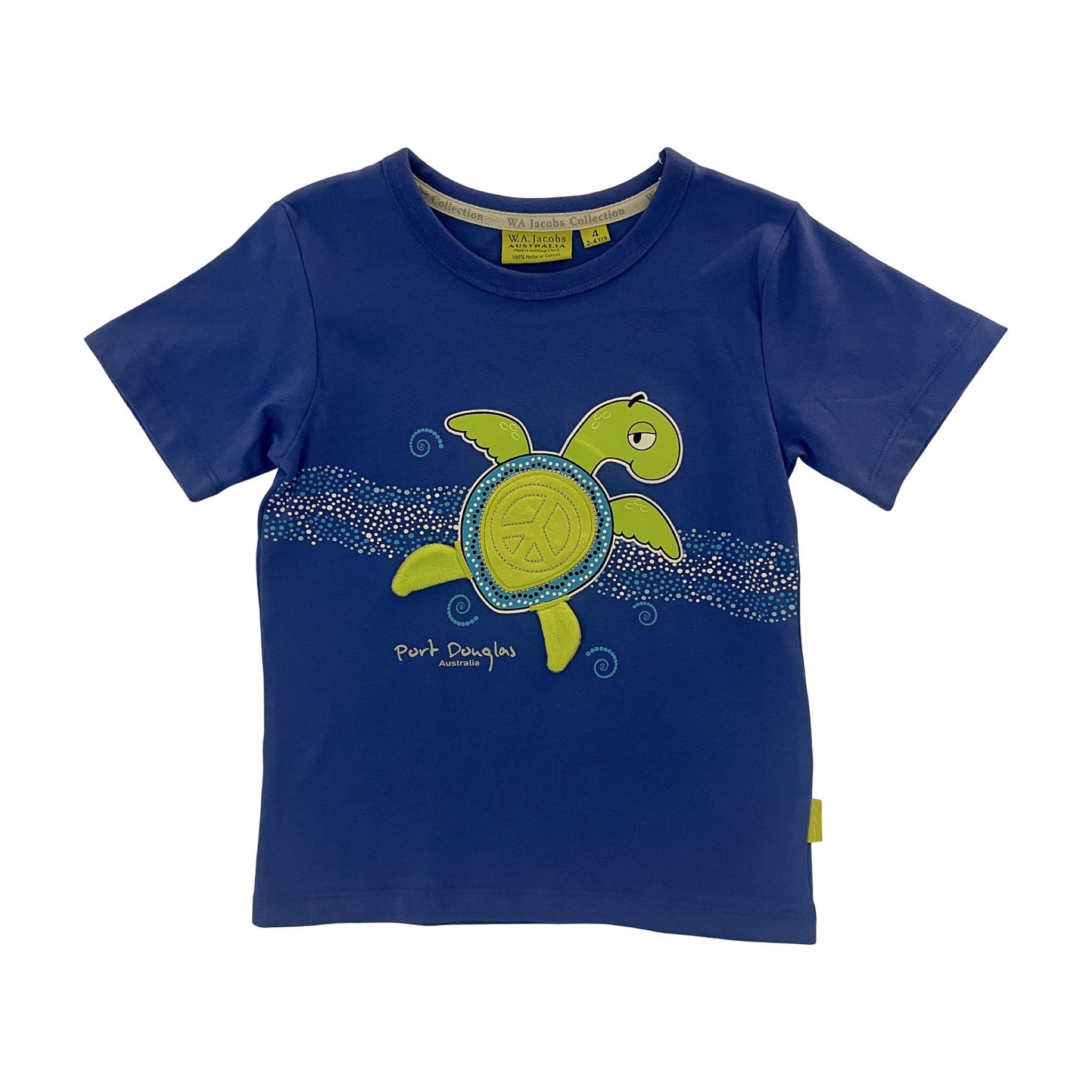 Blue kids t-shirt with a green turtle design and Port Douglas text on a white background