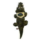 Dark green plush crocodile soft toy, 32cm, with black scales, white spikes, and a "Port Douglas Great Barrier Reef" bandana.