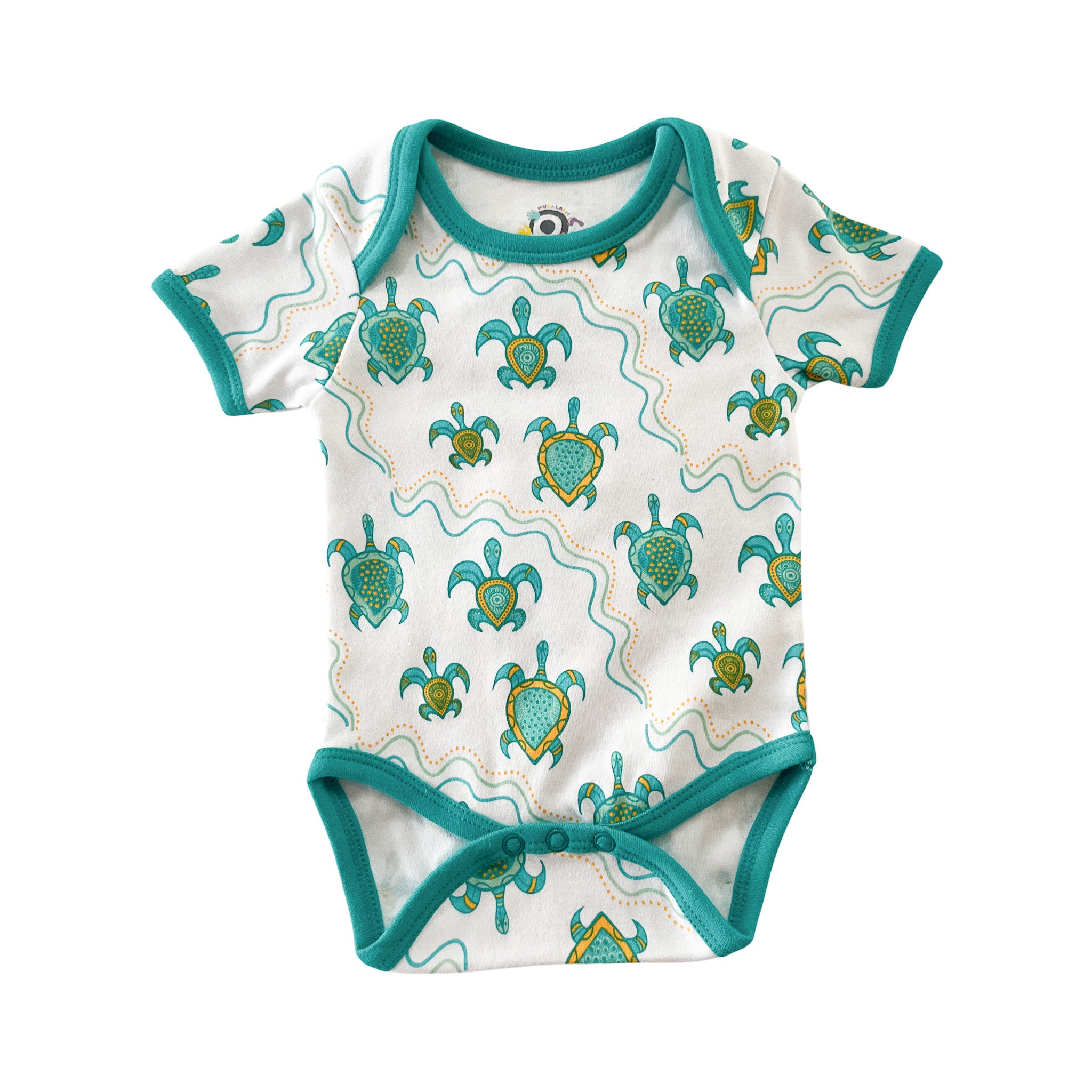 White 100% cotton short sleeve baby onesie with green trim and Aboriginal turtle pattern.